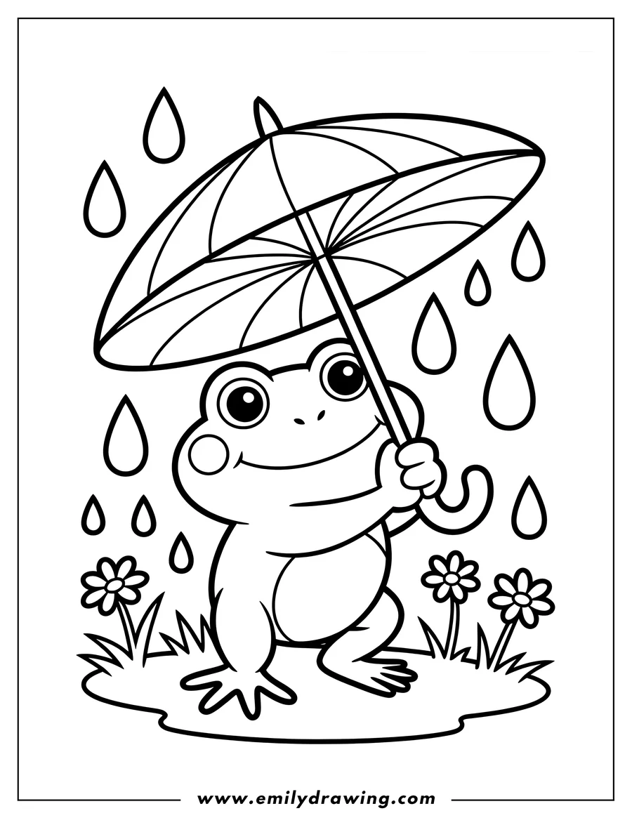 Line art of a cheerful frog holding an umbrella in the rain, with small flowers near its feet.