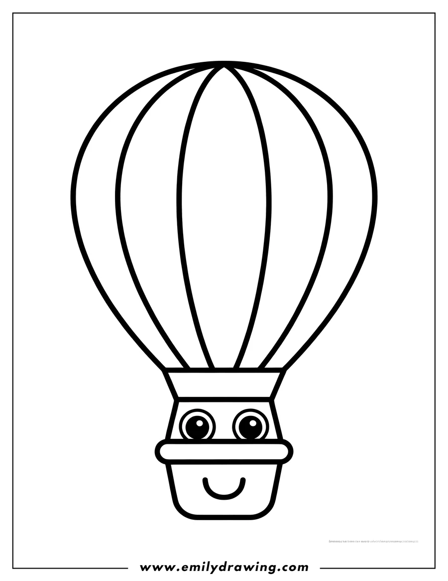 Line art of a happy hot air balloon with a smiling face on its basket.