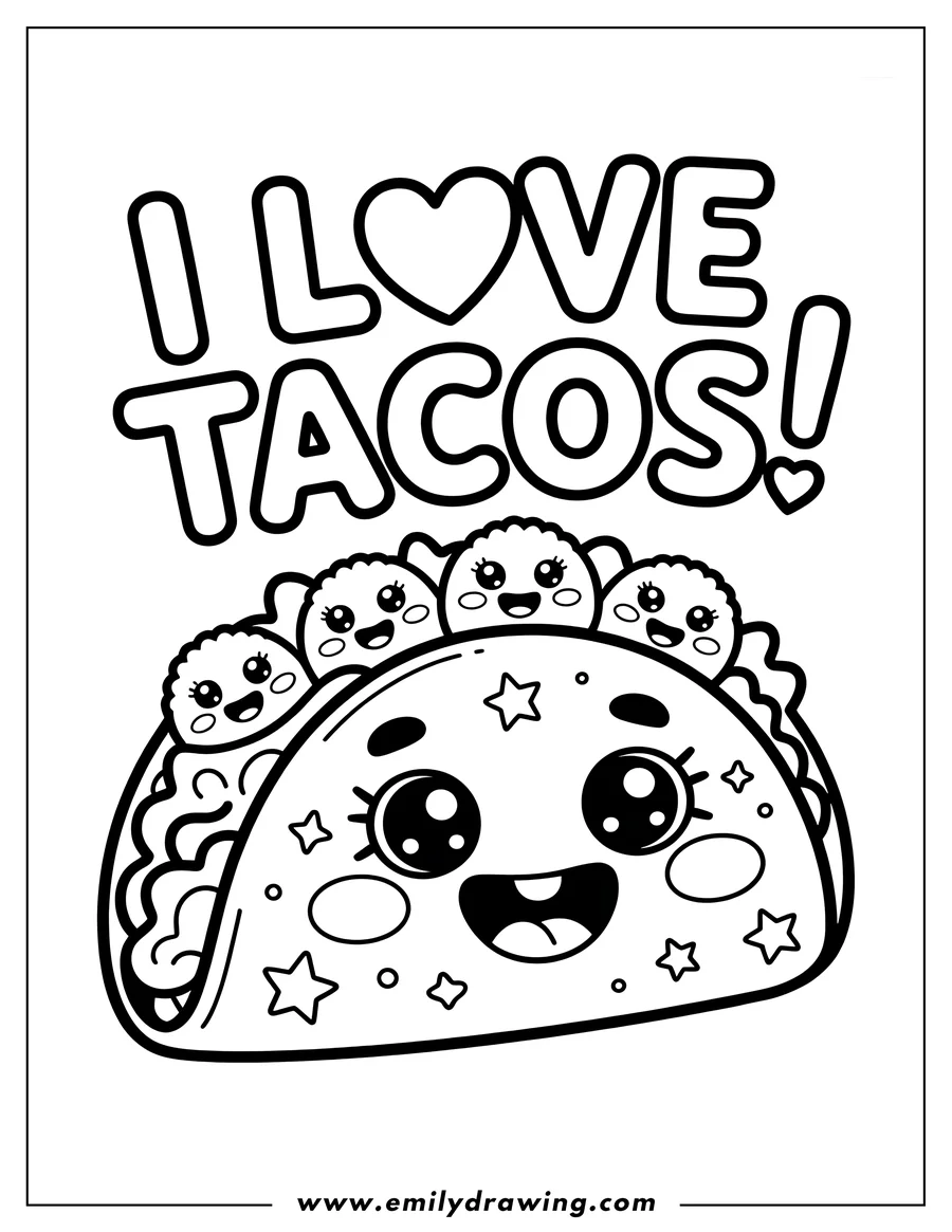 Line art of a happy taco with a kawaii-style face, filled with toppings and decorated with small stars.
