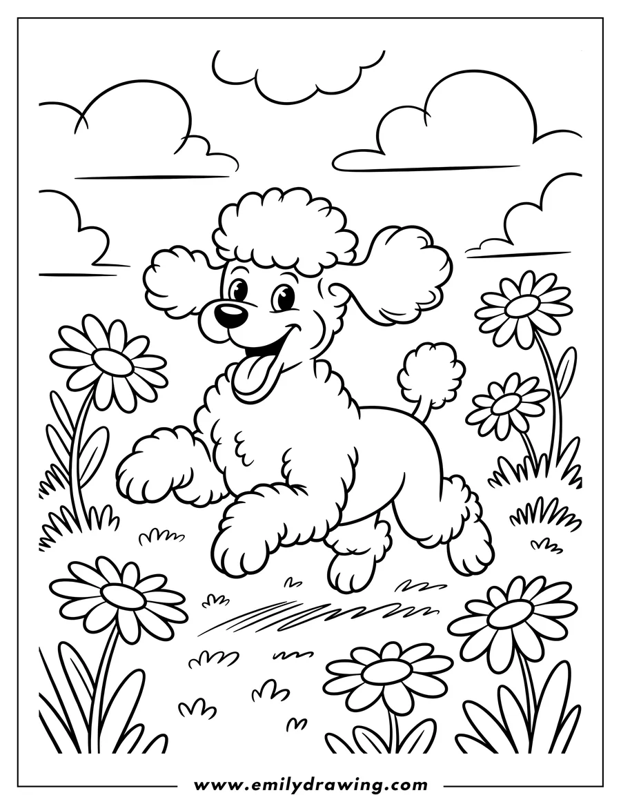 Outline of a cheerful poodle running through a field of flowers with its tongue out.
