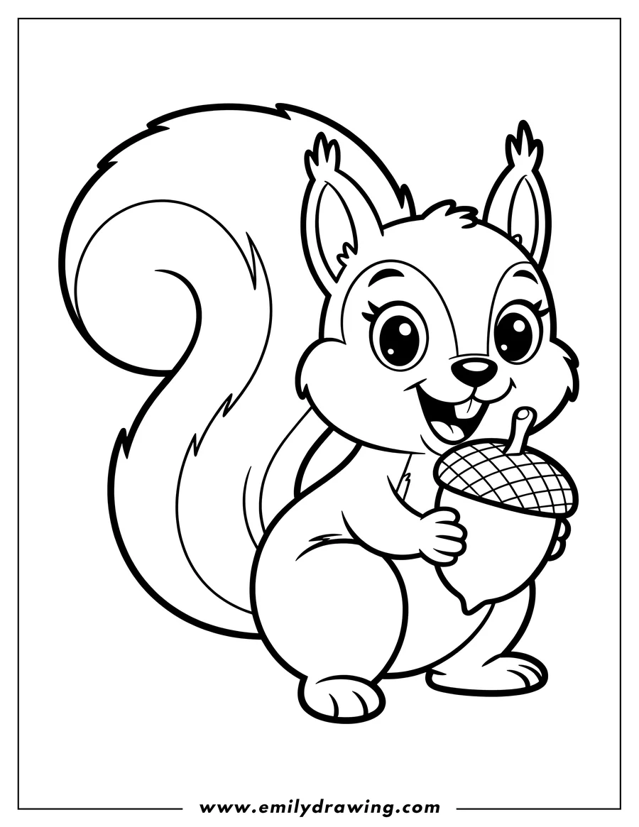 Line art of a cheerful squirrel holding a large acorn. It looks excited and ready for coloring!