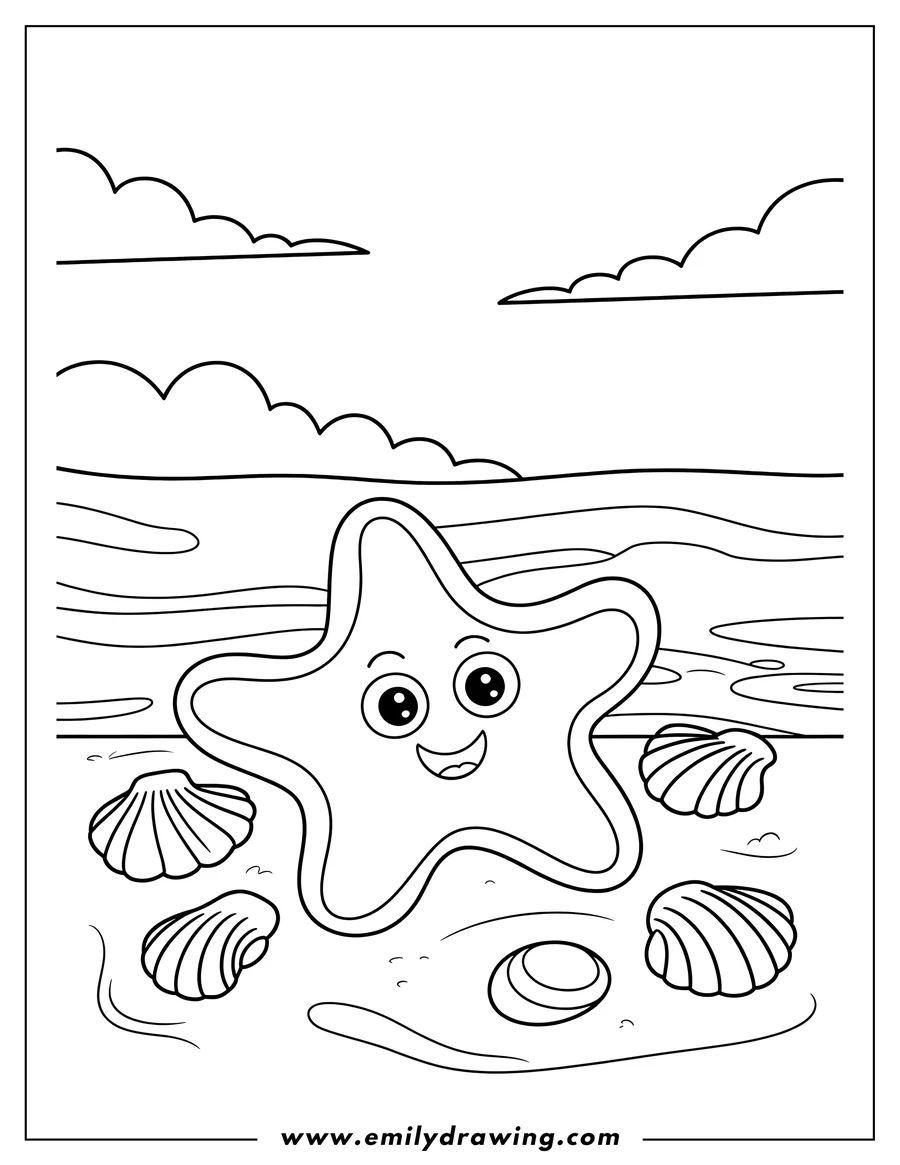 Outline of a happy starfish on the beach surrounded by various seashells, with the ocean and clouds in the background.