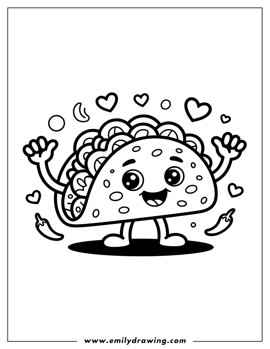Line art of a happy taco with chili peppers. The taco has a smiling face, small feet, and is filled with various ingredients.