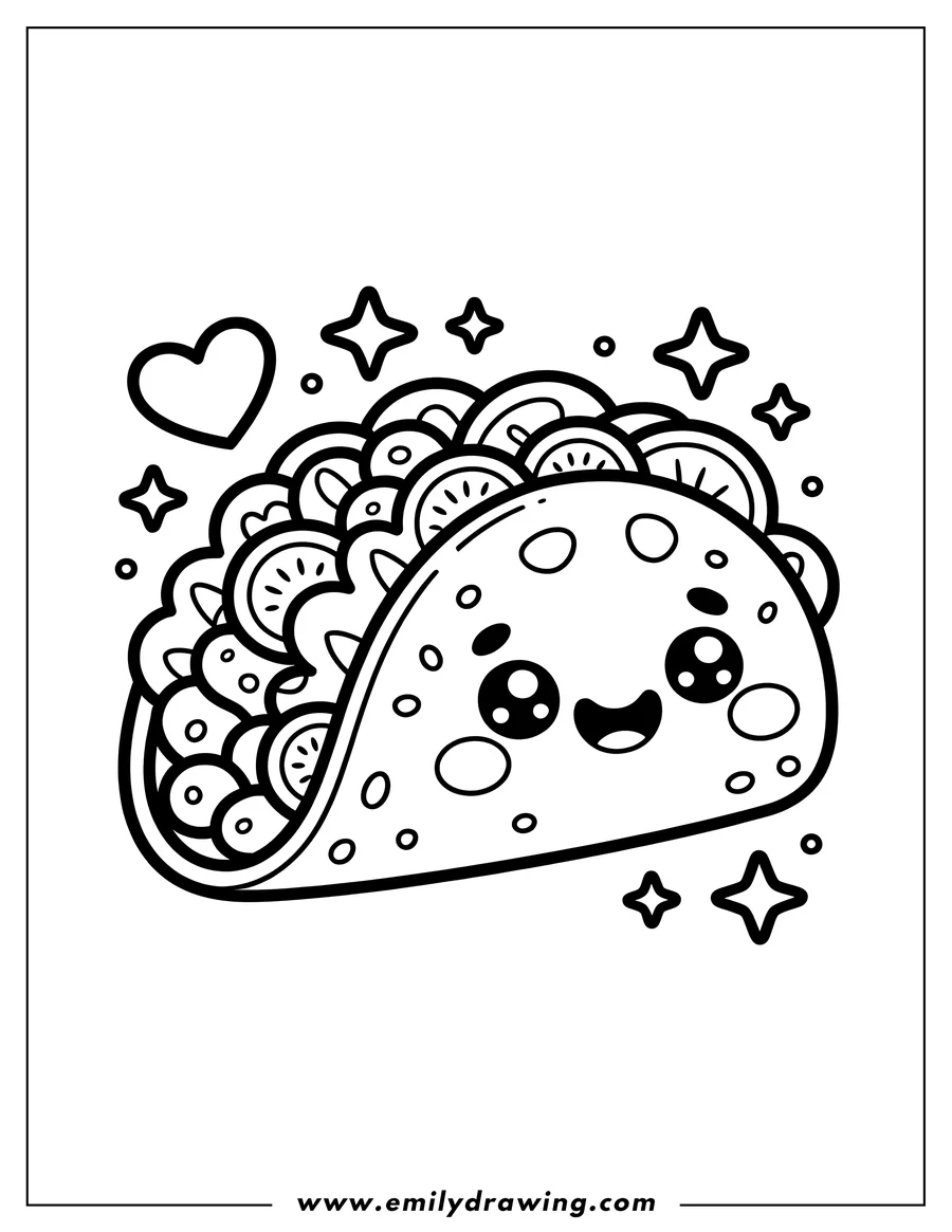 Line art of a happy taco filled with various toppings, ready to be colored.