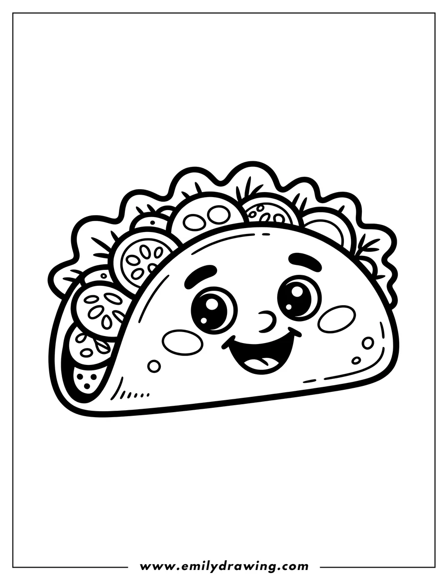 Line art of a happy taco filled with various toppings, including sliced tomatoes, onions, and lettuce.