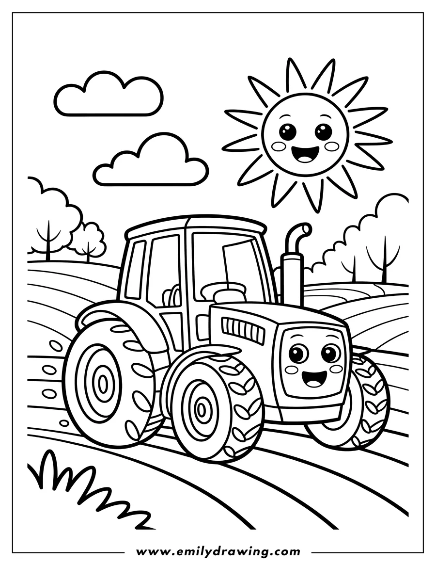 Line art of a cheerful tractor driving through a field on a sunny day. Puffy clouds float in the sky above.