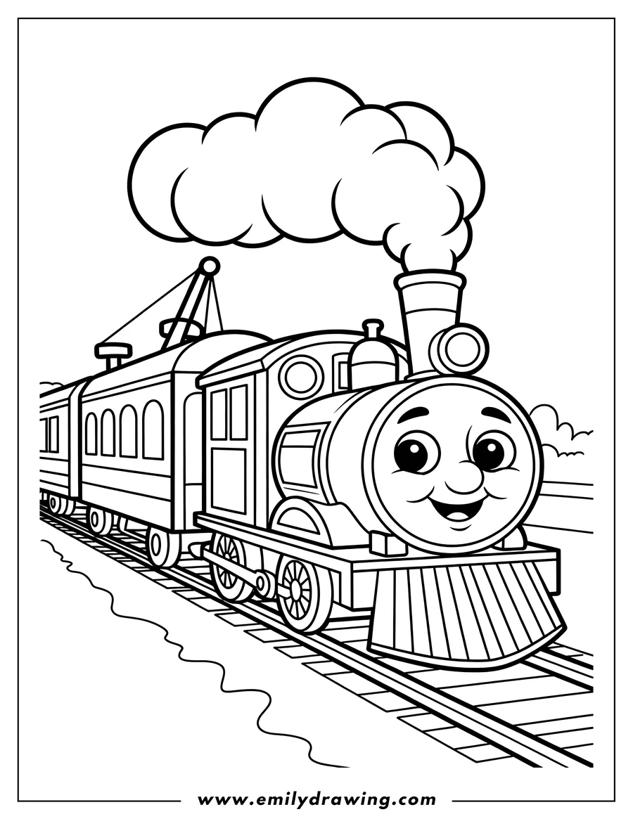 Line art of a cheerful train with a passenger car, puffing smoke as it travels along the tracks.