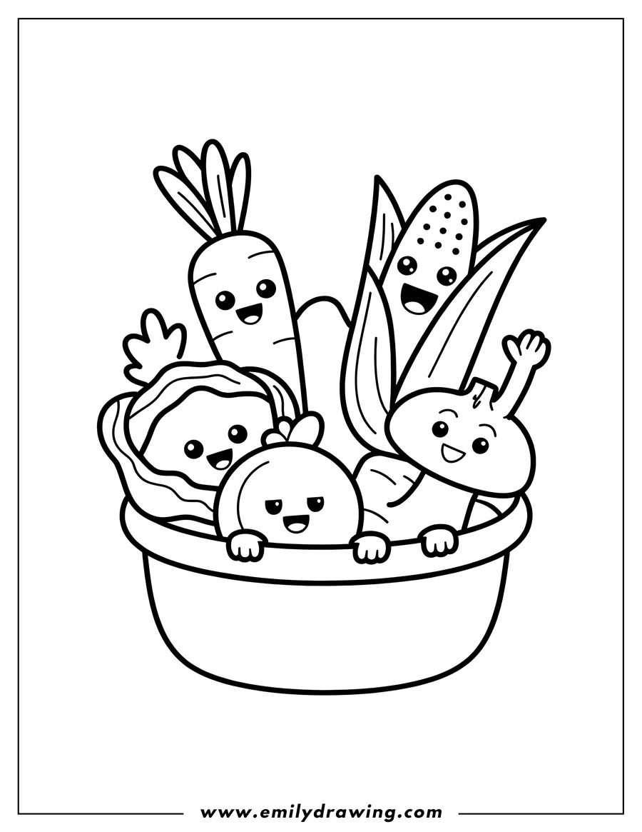 Outline of four cheerful vegetables: a carrot, corn, onion, and cabbage. They are all smiling and placed together.