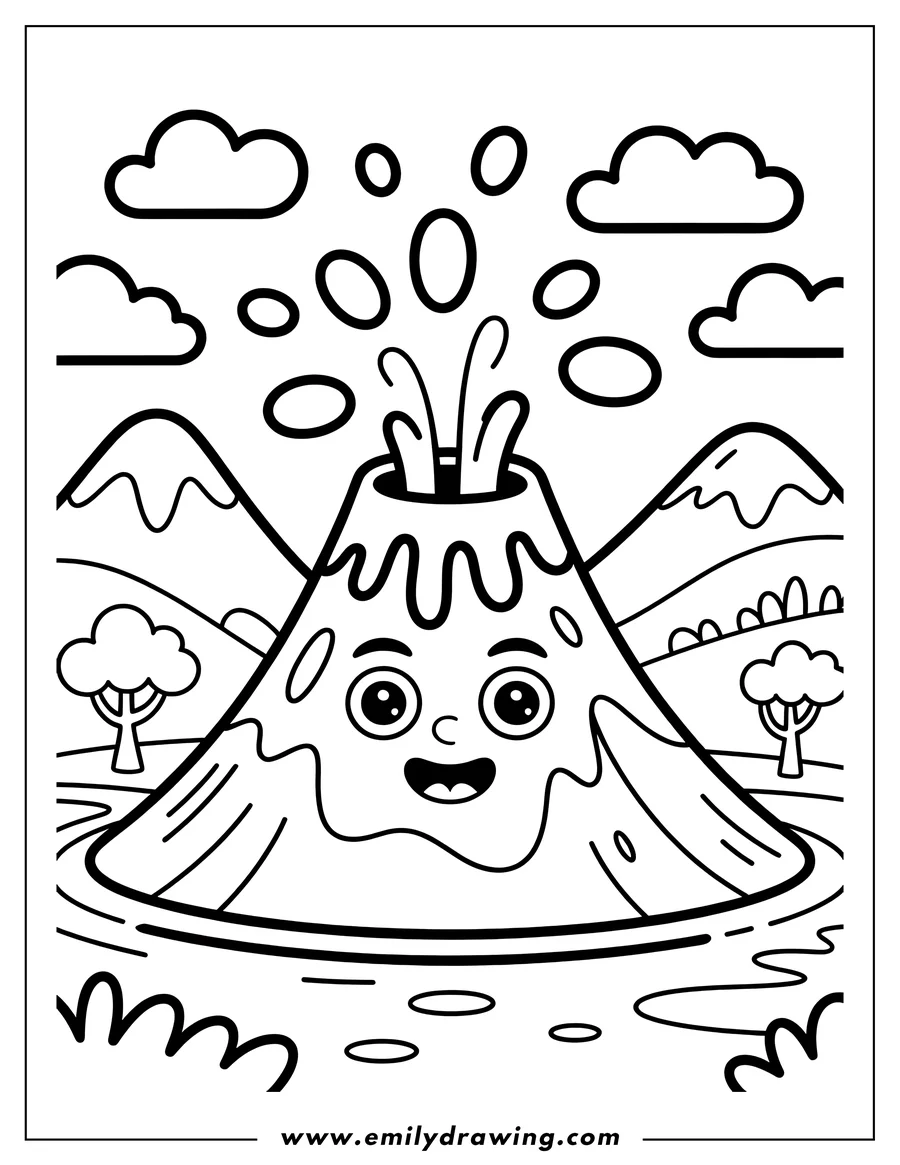 Line art of a happy volcano with bubbles coming out of its top. Smaller mountains and trees are in the background.