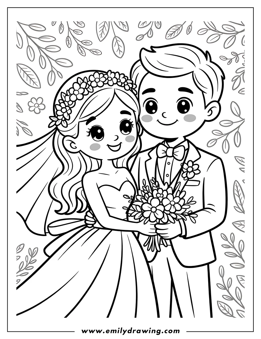 Line art of a happy bride and groom on their wedding day. The bride wears a veil and flower crown, while the groom wears a suit with a boutonniere. They are holding a bouquet of flowers.