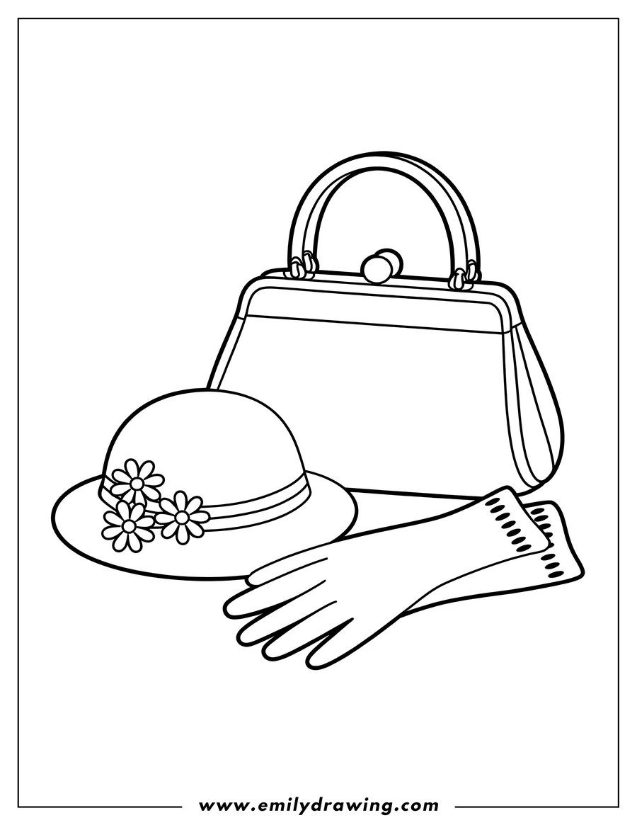 Line art of a woman's hat with flowers, a purse, and a pair of gloves.
