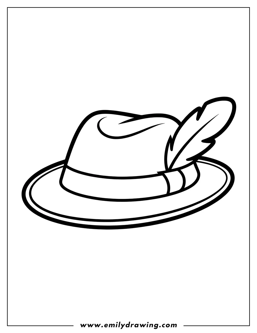 Line art of a hat with a feather tucked into the band.