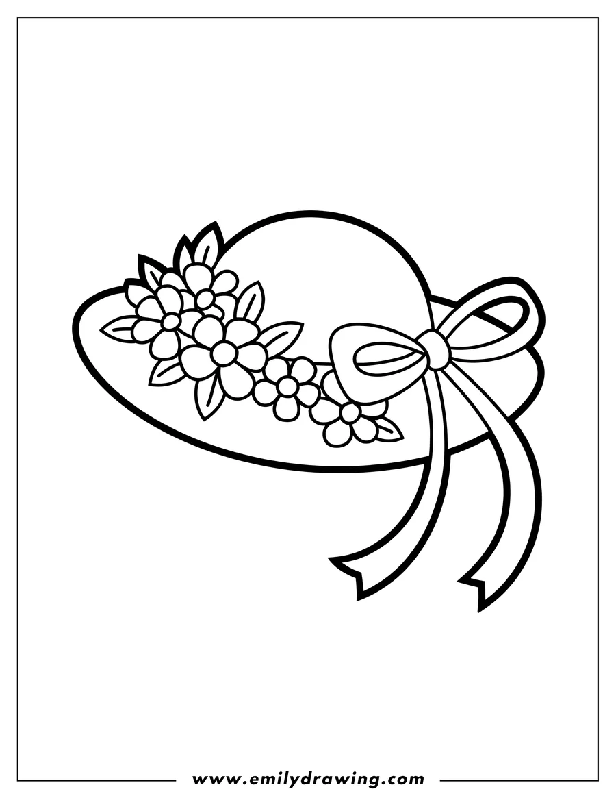 Line art of a wide-brimmed hat decorated with flowers and a bow.
