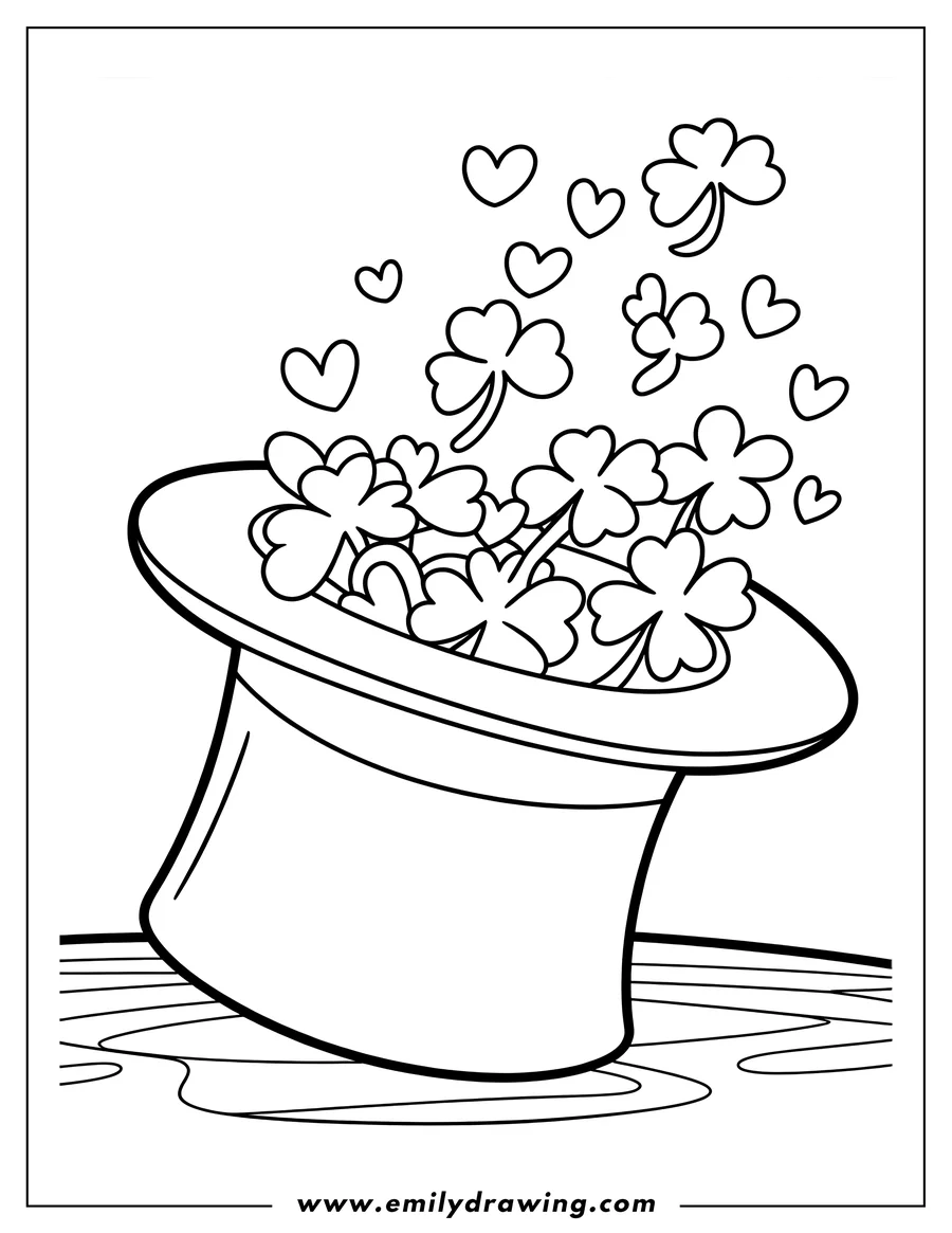 Outline of a top hat filled with shamrocks and hearts floating around it.