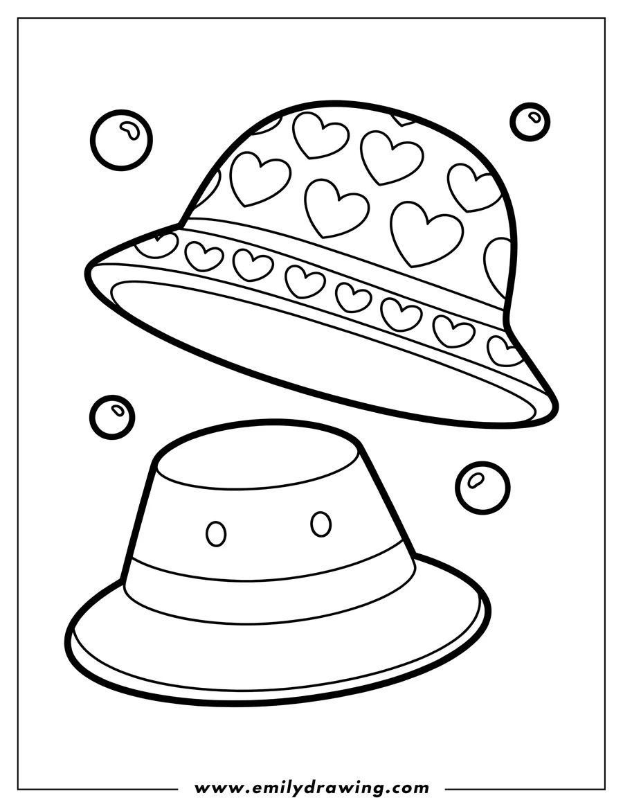 Outline of two different styles of hats, one decorated with hearts and the other with circles.