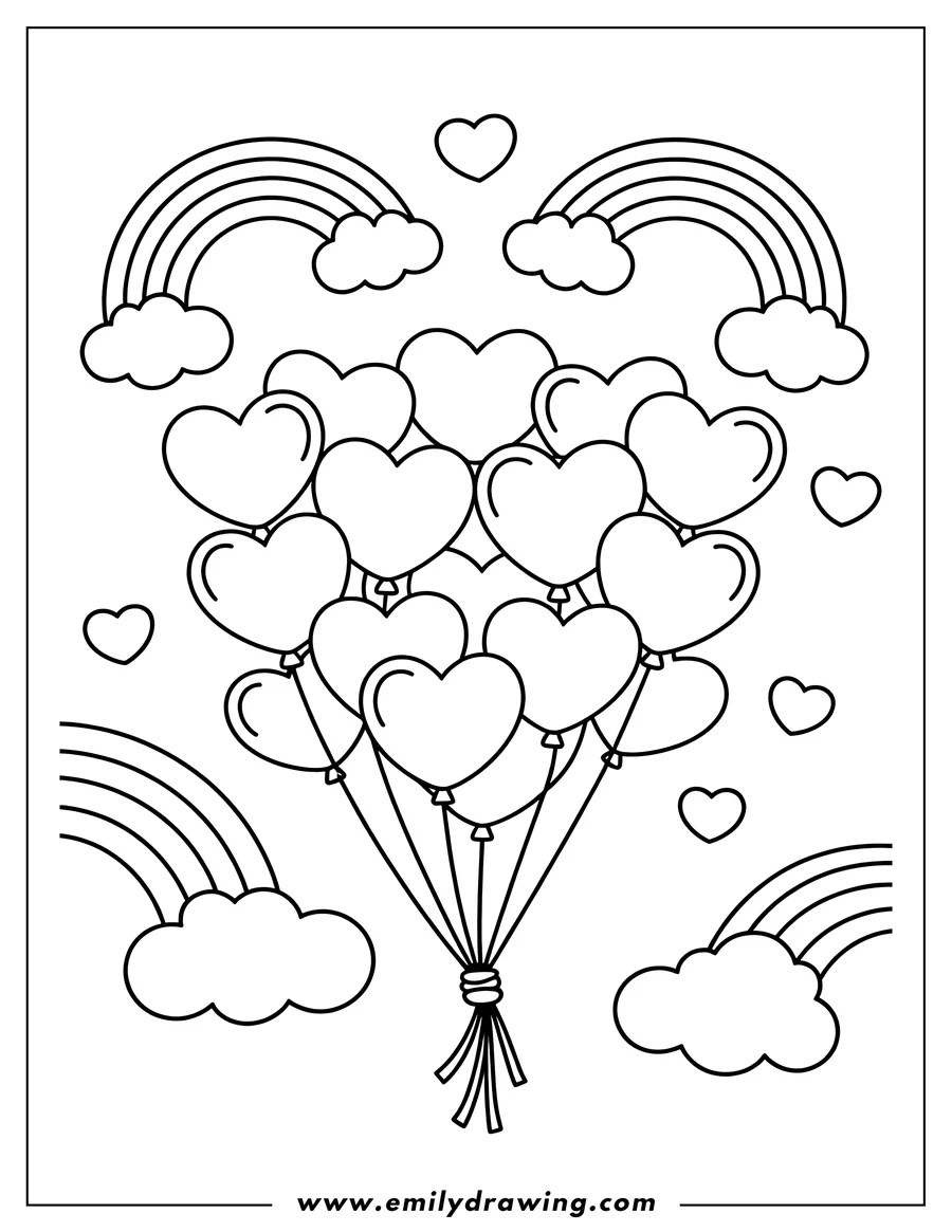 Outline of a bunch of heart-shaped balloons floating amongst rainbows and clouds.