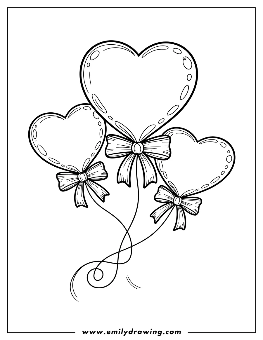 Outline of three heart-shaped balloons with bows tied to their strings.