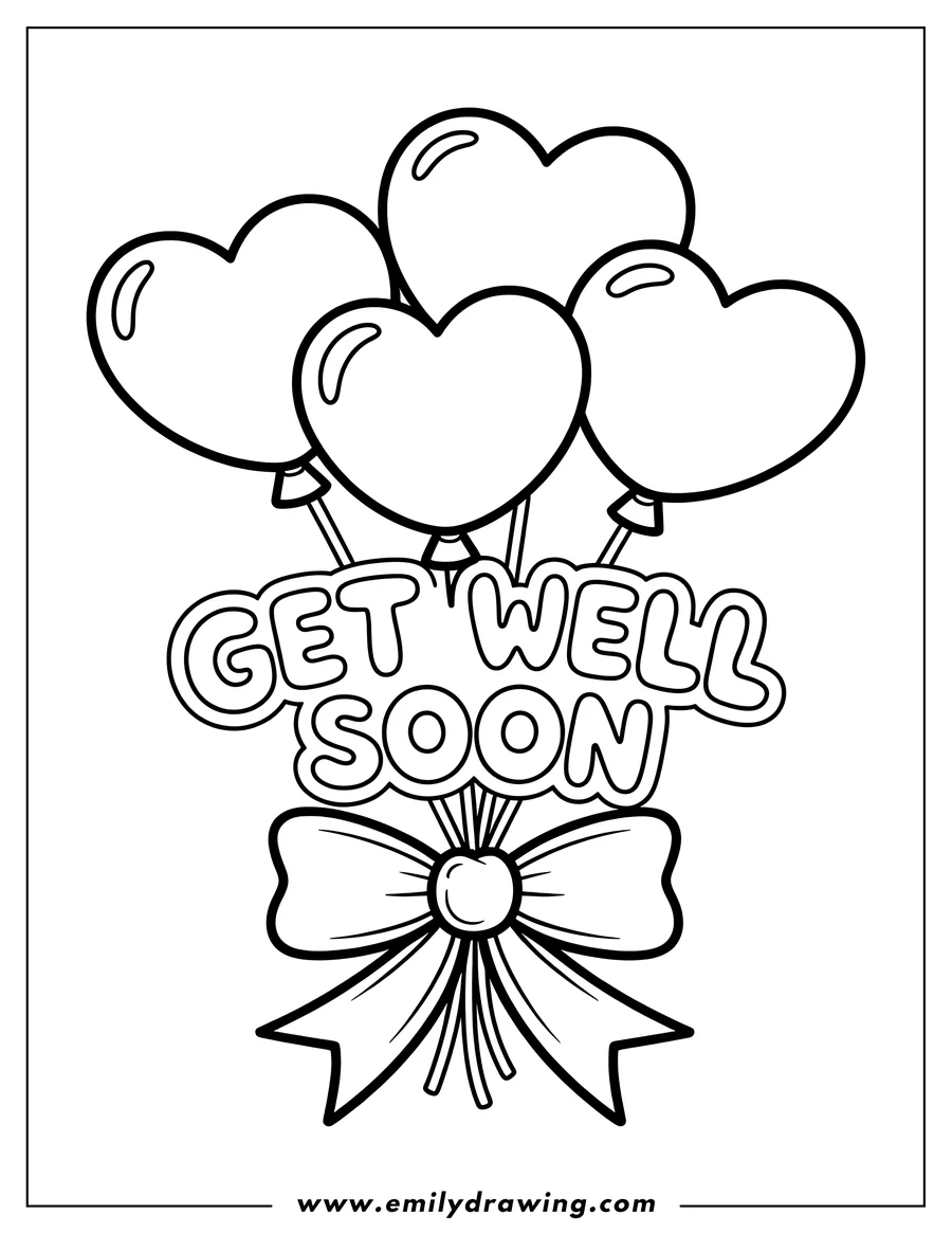 Outline of a 'Get Well Soon' message with a tied ribbon below a bunch of heart-shaped balloons.