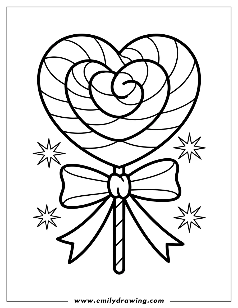 Outline of a heart-shaped lollipop with a bow tied around its stick and decorative stars.