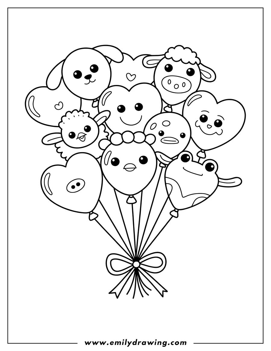 Line art of a bunch of heart-shaped balloons with cute animal faces, tied together with a ribbon.  The balloons feature a puppy, chick, frog, sheep, and other animal designs.