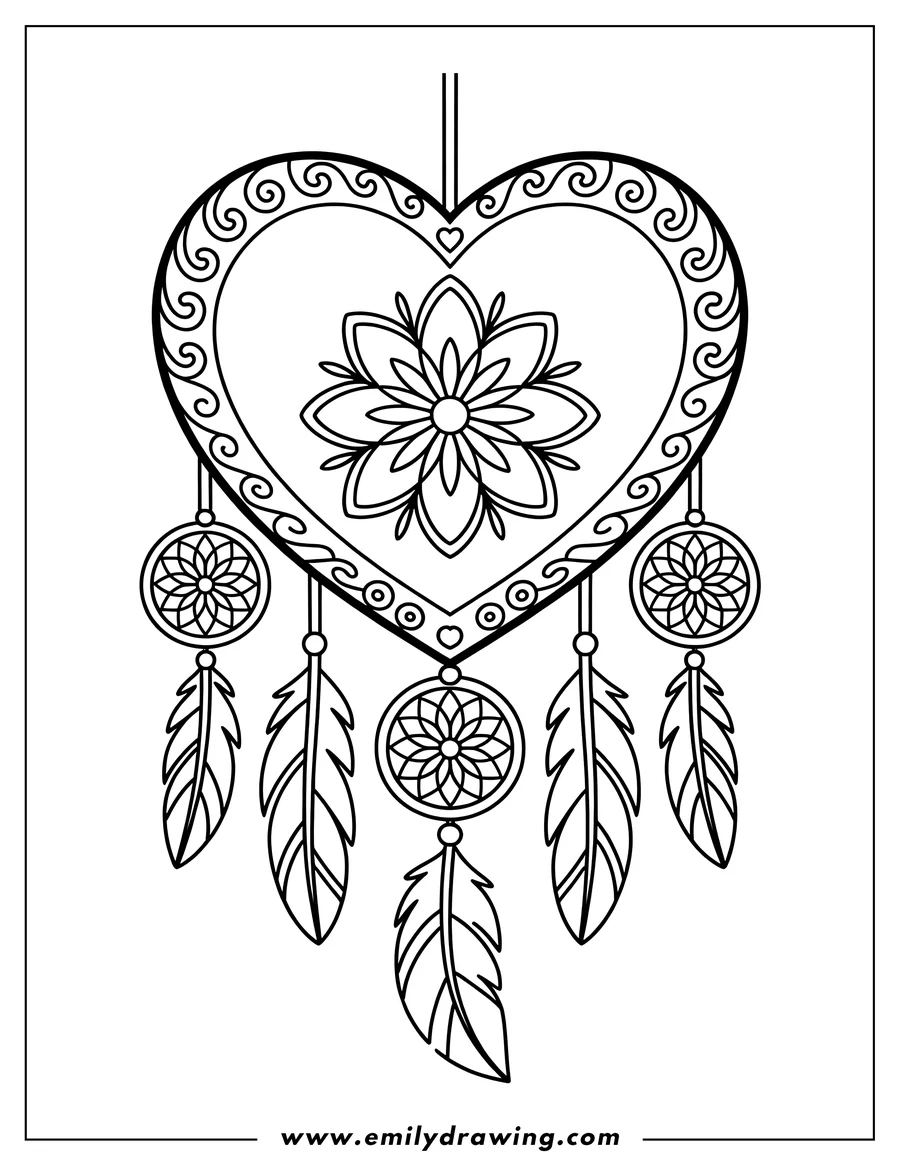 Outline of a heart-shaped dreamcatcher with decorative patterns and feathers.