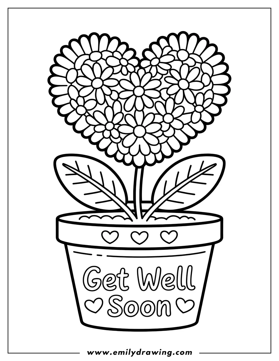Line art of a heart-shaped bouquet of flowers in a pot with the message 