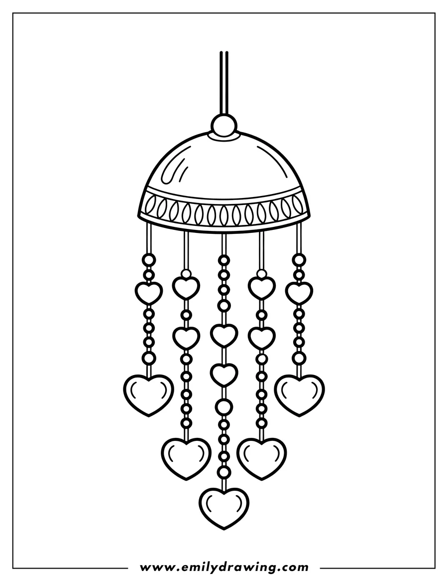Line art of a wind chime with heart-shaped dangles.
