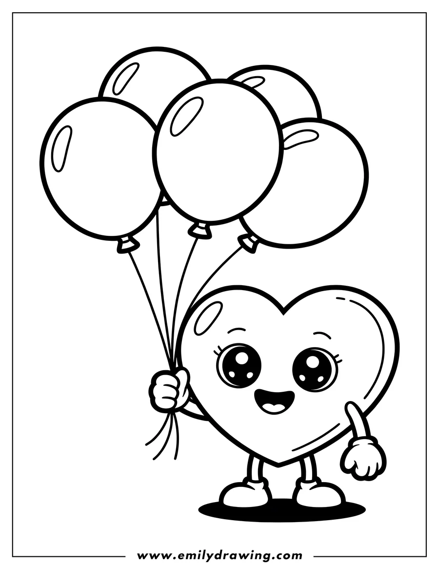 Outline of a cheerful heart holding a bunch of balloons.
