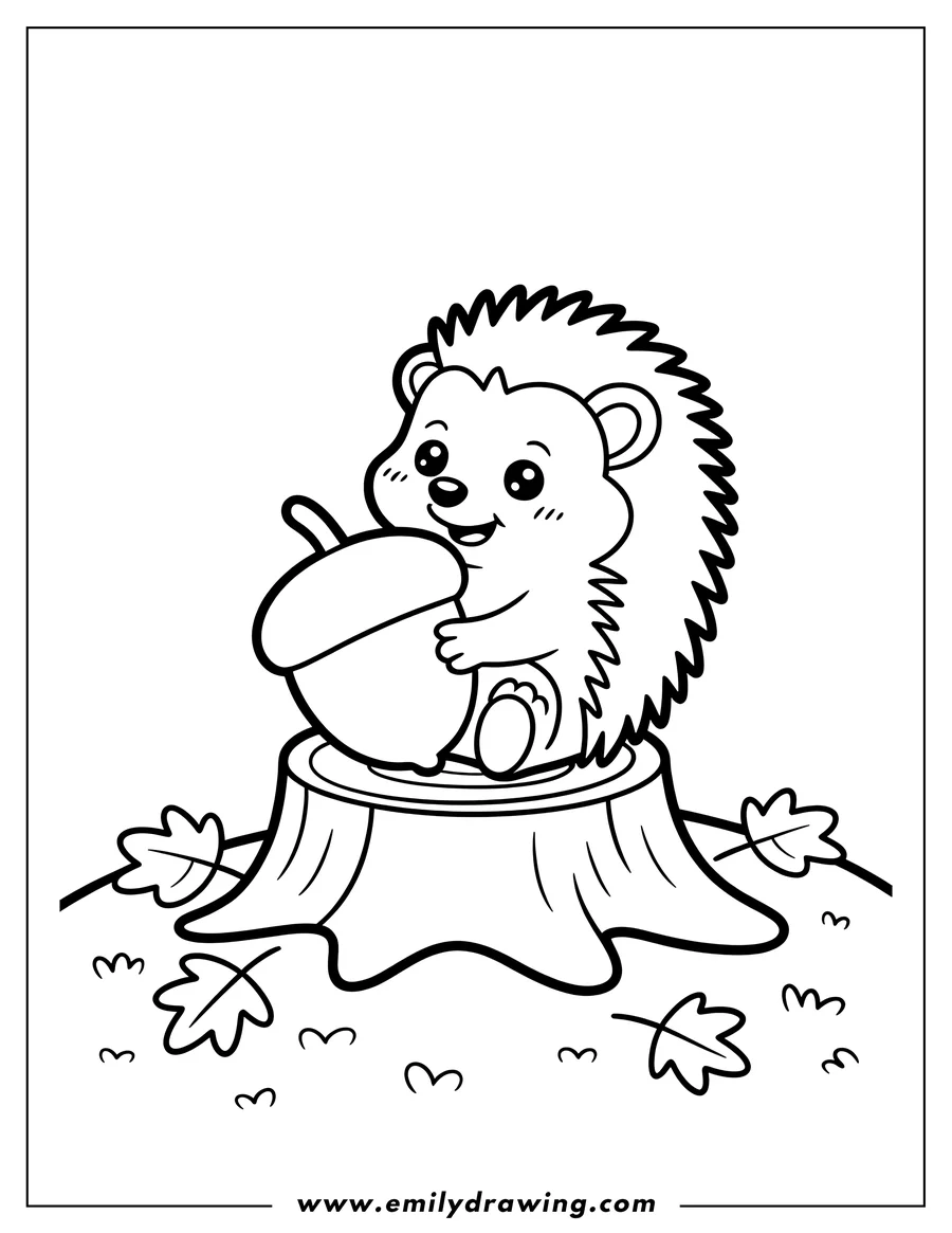 Outline of a hedgehog holding a large acorn while sitting on a tree stump surrounded by fallen leaves.