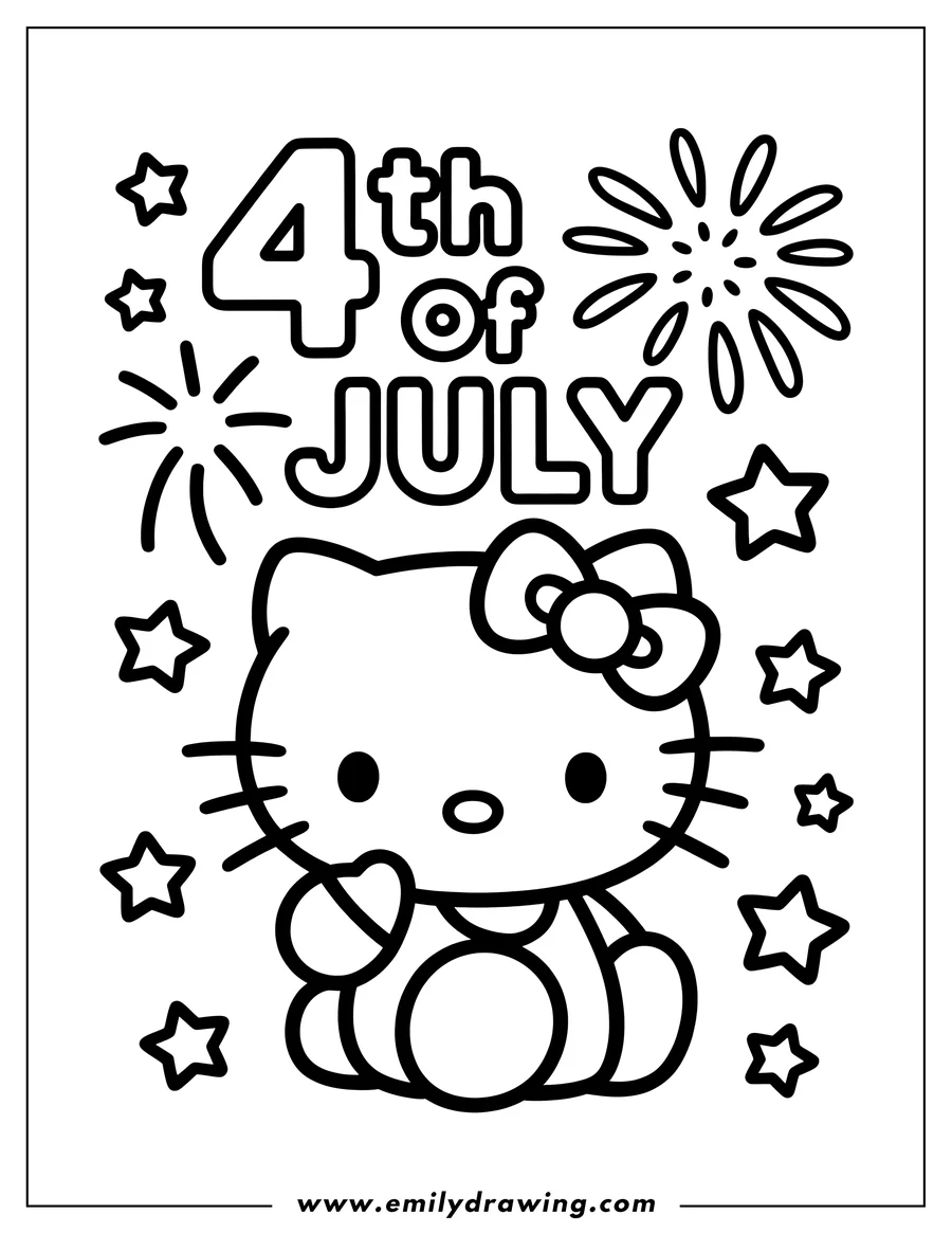 Line art of Hello Kitty with a bow, surrounded by stars and fireworks, celebrating the 4th of July.