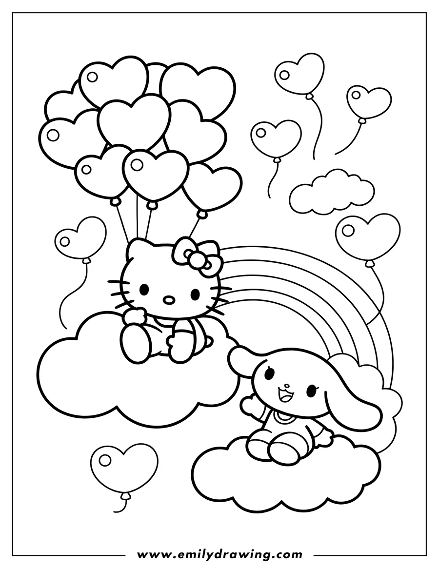Line art of Hello Kitty with heart-shaped balloons and Cinnamoroll sitting on clouds, with a rainbow in the background.