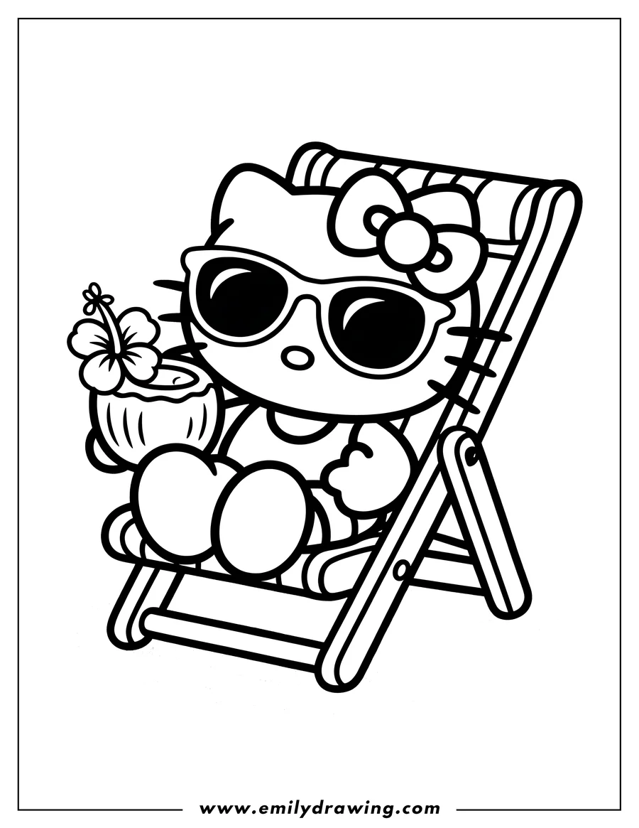 Outline of Hello Kitty sitting in a beach chair, wearing sunglasses and holding a coconut drink with a hibiscus flower.