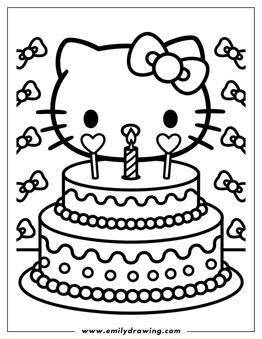 Outline of Hello Kitty with a two-layered birthday cake decorated with a candle and heart-shaped candies. Bows are scattered in the background.