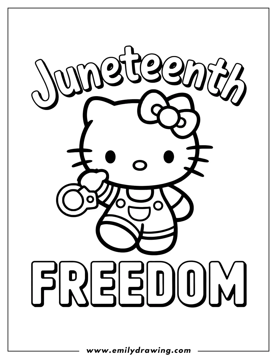 Line art of Hello Kitty with a Juneteenth ribbon. The words 'Juneteenth' and 'Freedom' appear above and below her.