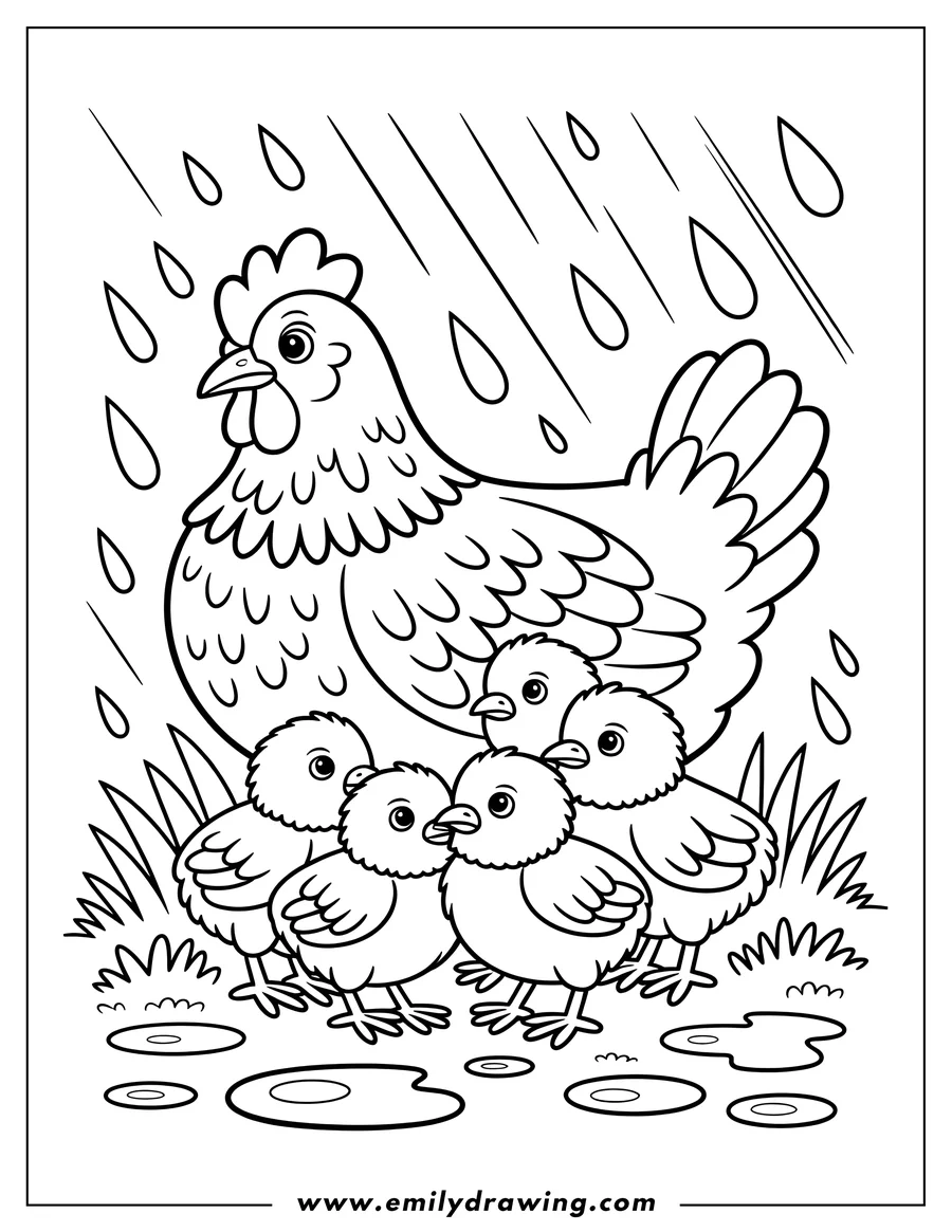 Line art of a hen sheltering her chicks from the rain with her wing. Puddles have formed on the ground.