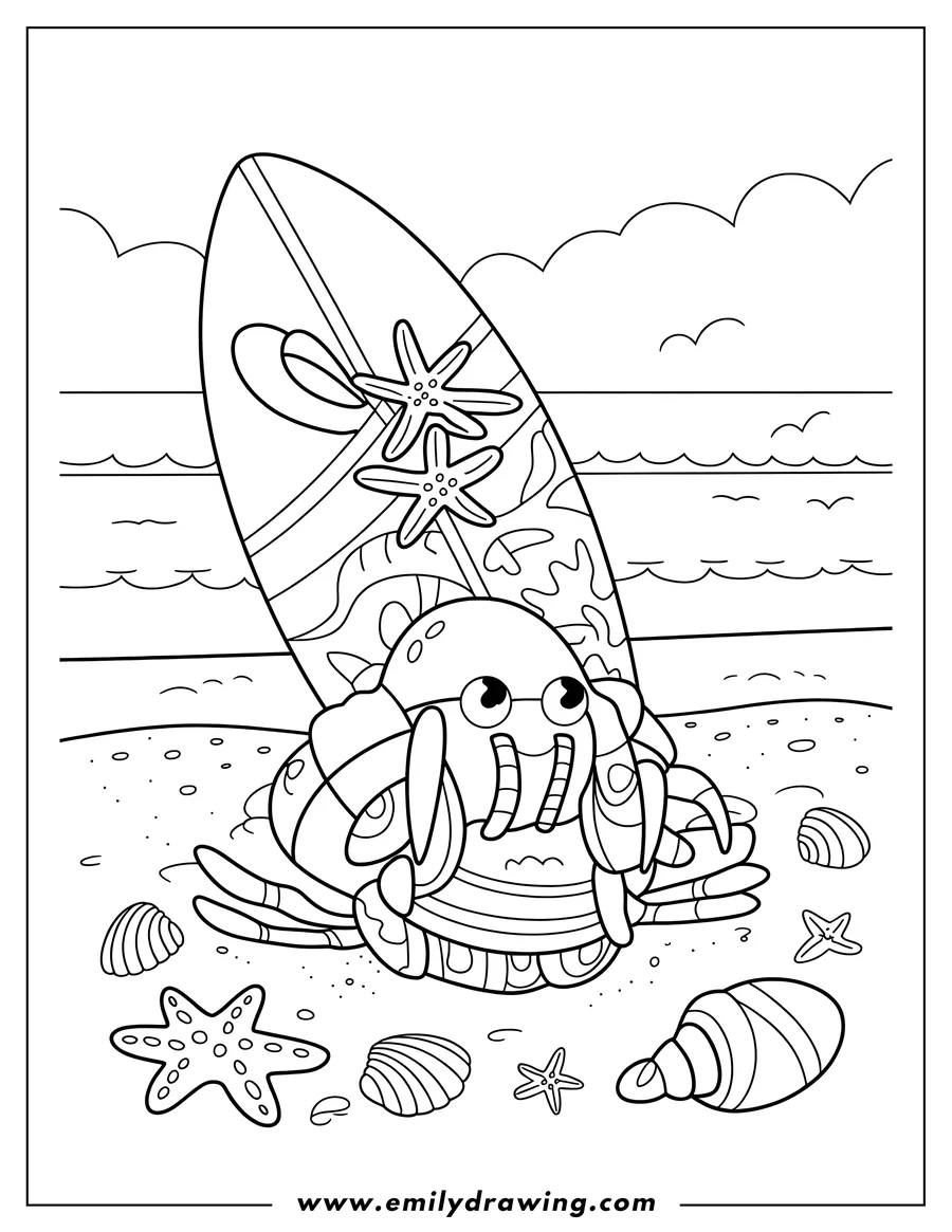 Outline of a hermit crab on the beach near a decorated surfboard, with seashells and starfish scattered around. The ocean and sky form the background.