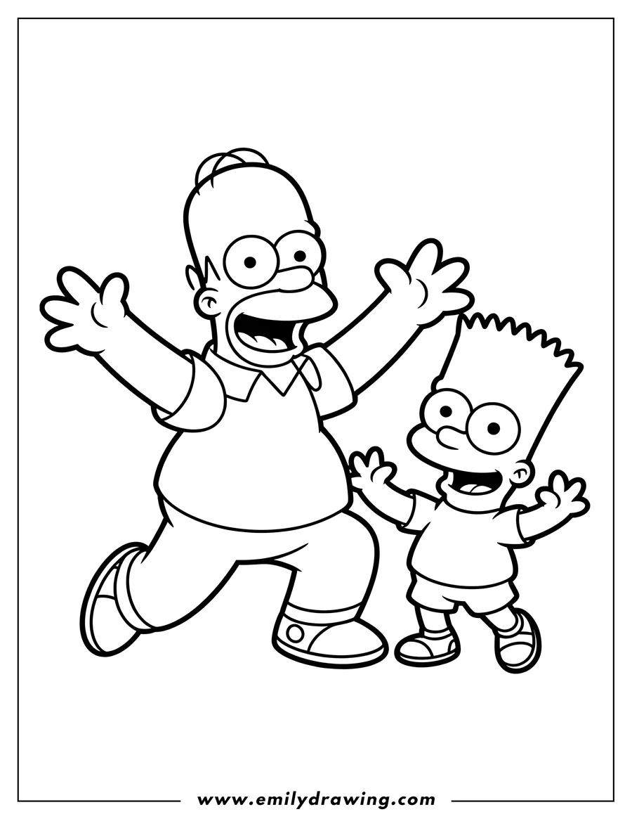 Outline of Homer and Bart Simpson with their arms outstretched, smiling widely.