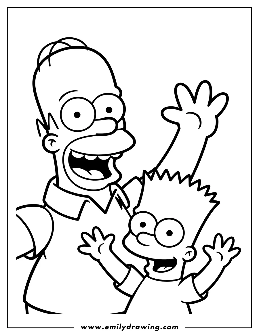 Line art of Homer and Bart Simpson waving, from the animated series The Simpsons.