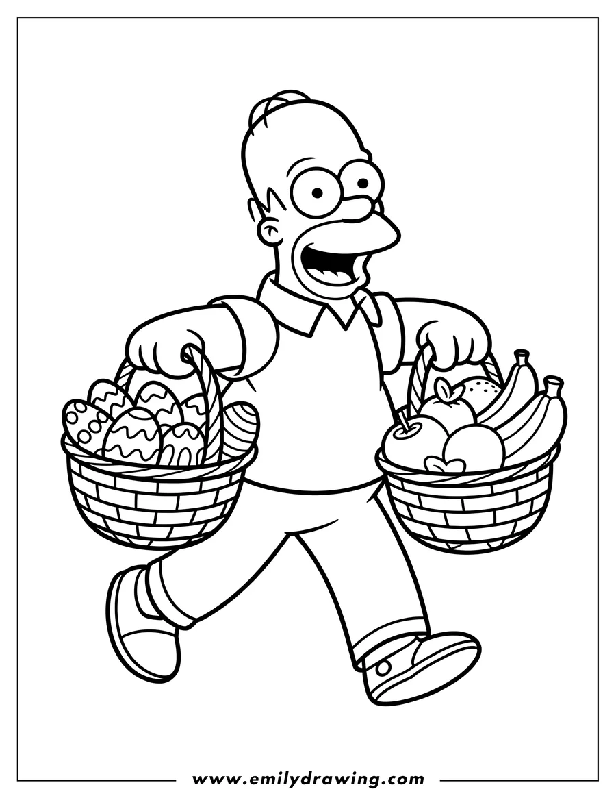 Outline of Homer Simpson carrying two baskets, one filled with decorated Easter eggs and the other with various fruits.
