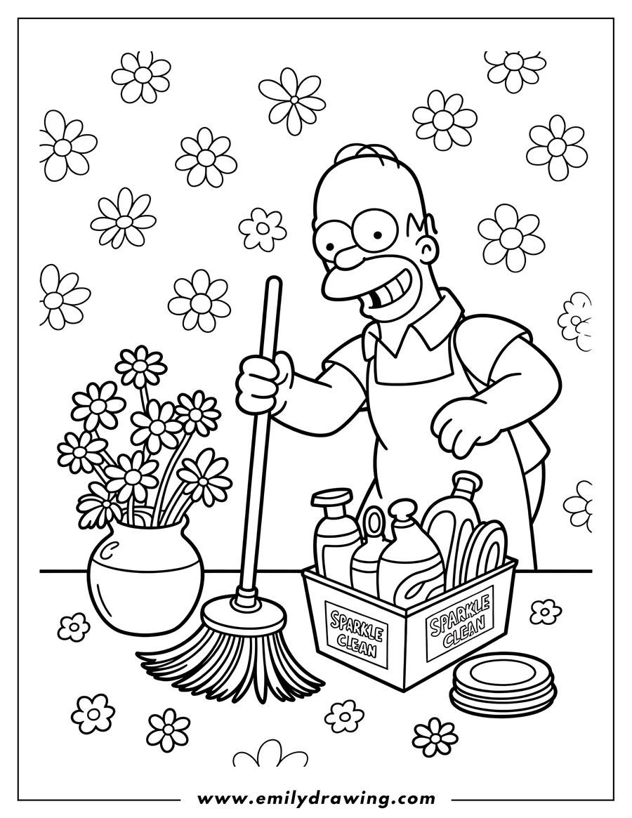 Line art of Homer Simpson from The Simpsons, wearing an apron and holding a broom, ready for cleaning.  He has a box of cleaning supplies and dishes nearby.