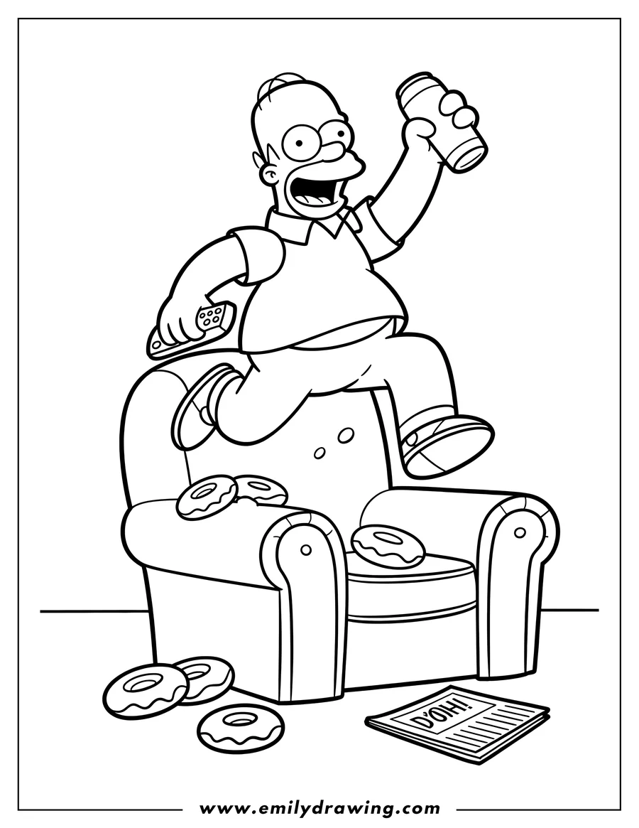 Line art of Homer Simpson sitting on his couch with a drink, remote, donuts, and a newspaper.