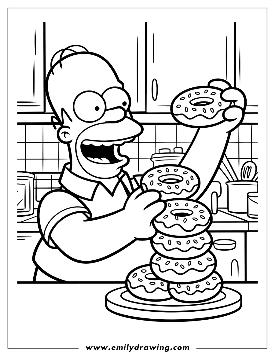 Line art of Homer Simpson stacking a tall pile of donuts in his kitchen.
