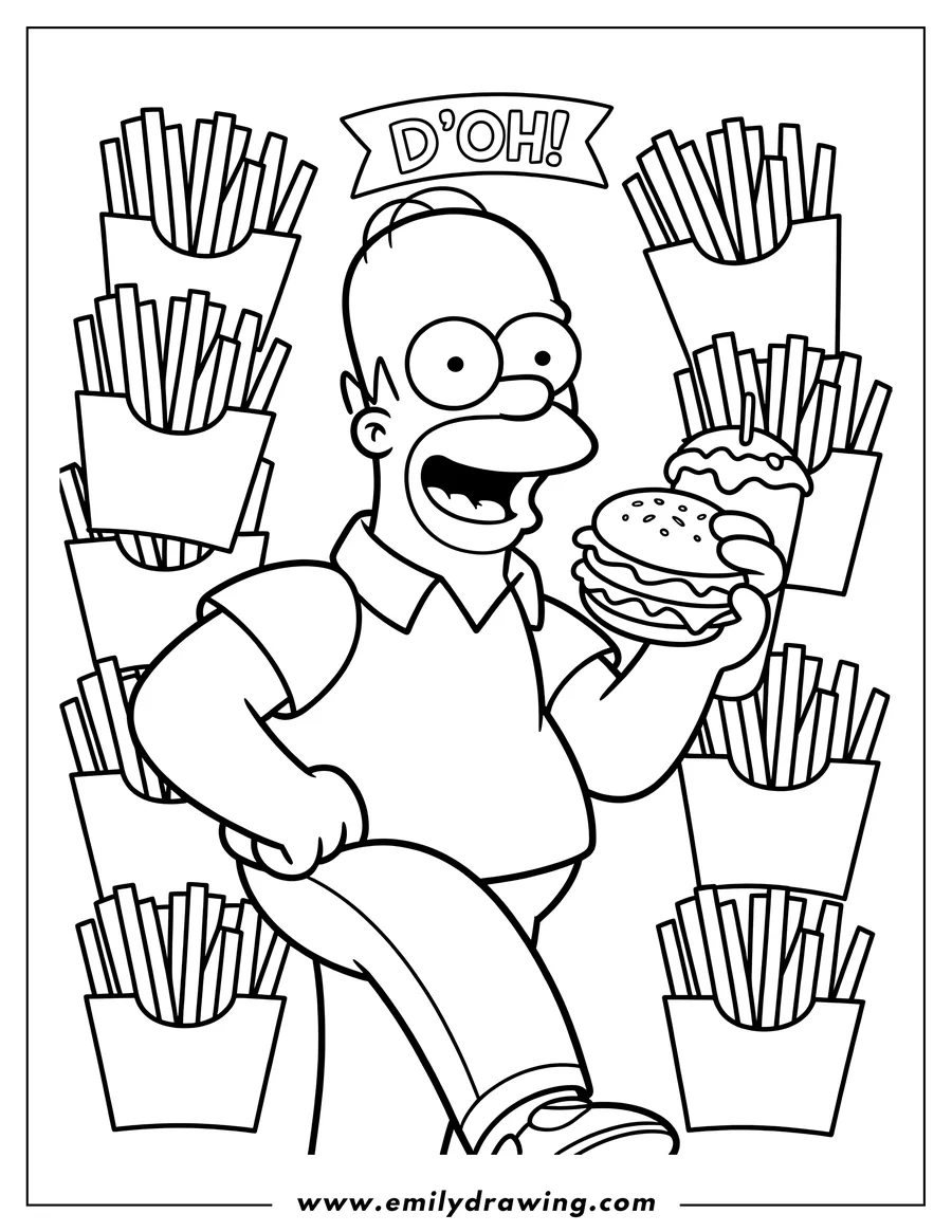 Line art of Homer Simpson enjoying a burger surrounded by many cartons of french fries. The banner above him displays his catchphrase 