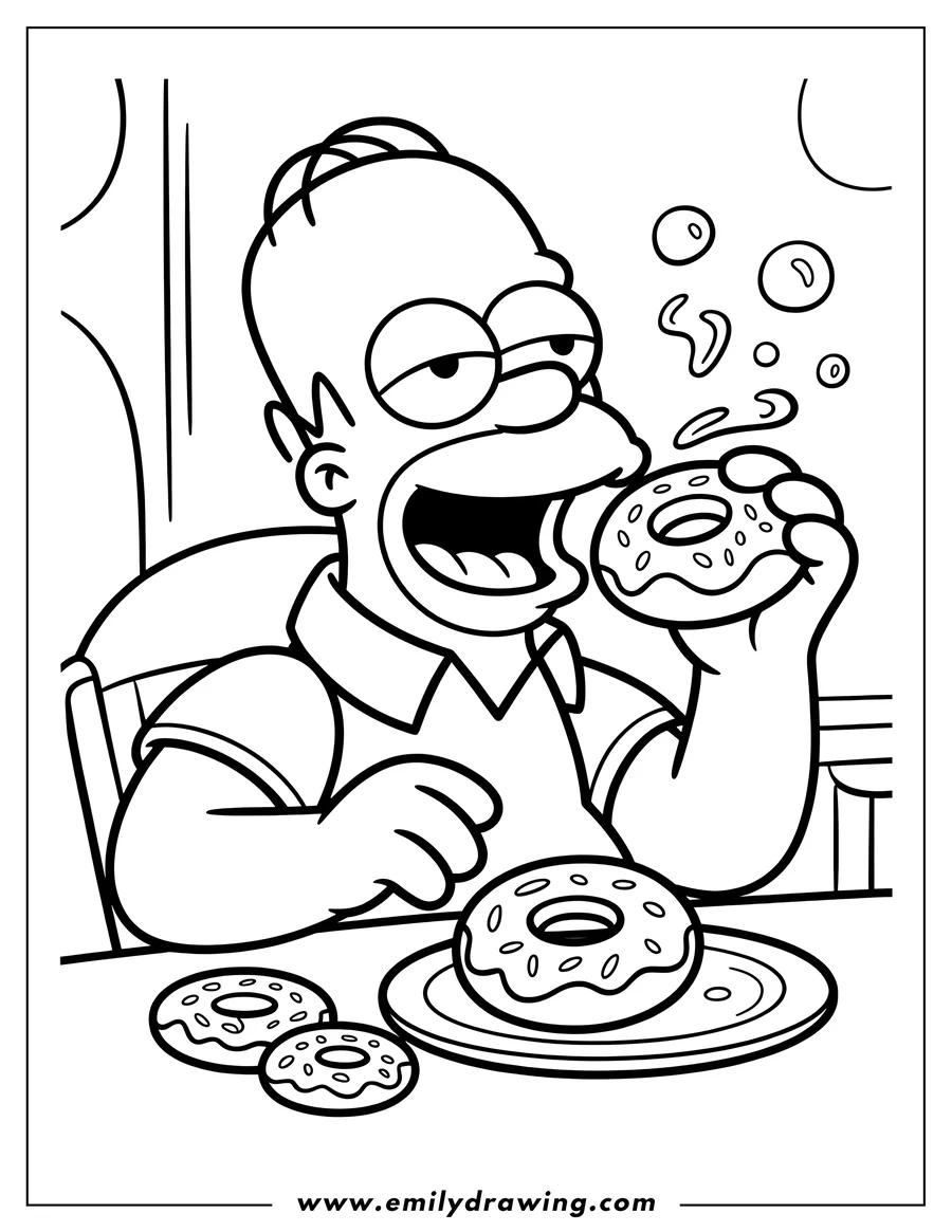 Outline of Homer Simpson eating donuts. He holds a donut in one hand and has a plate of donuts on the table in front of him.