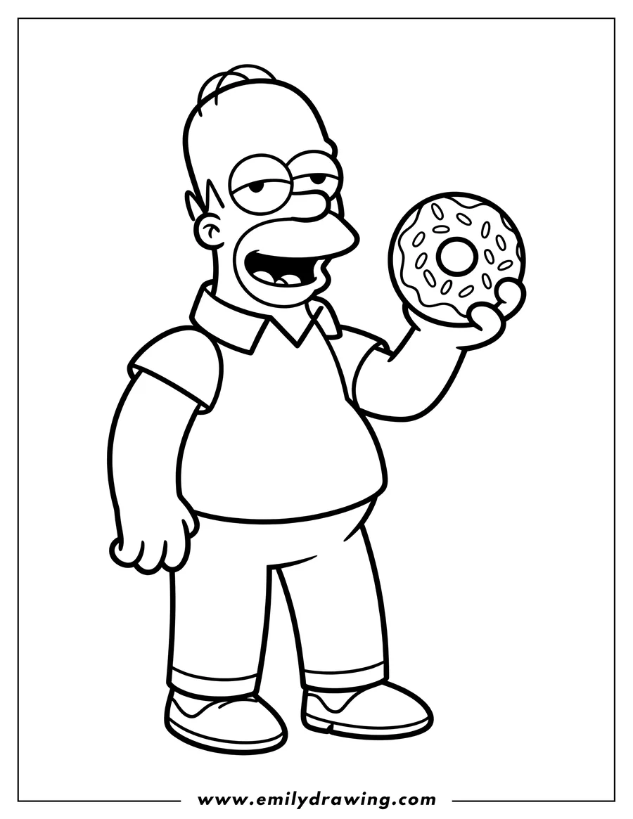 Line art of Homer Simpson holding a donut with sprinkles.