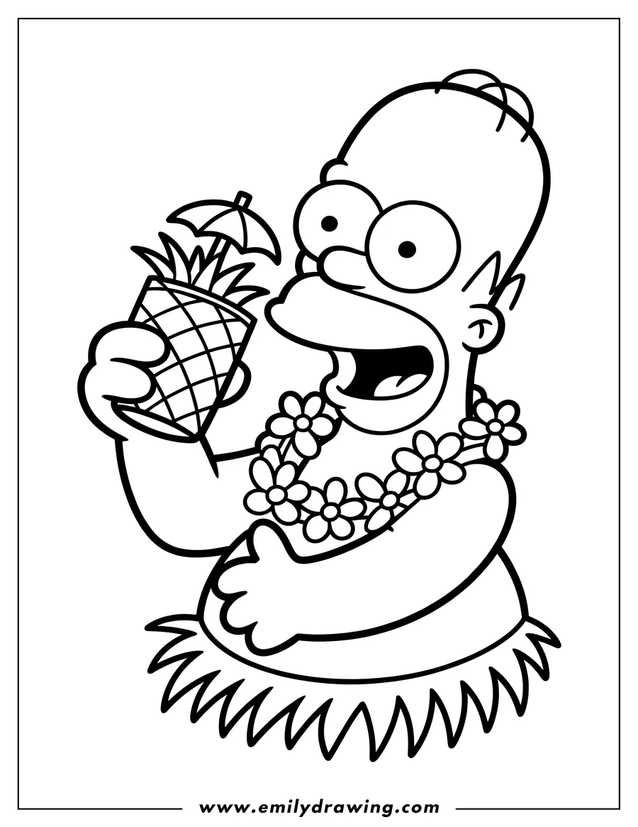 Line art of Homer Simpson wearing a lei and holding a pineapple drink with a small umbrella.