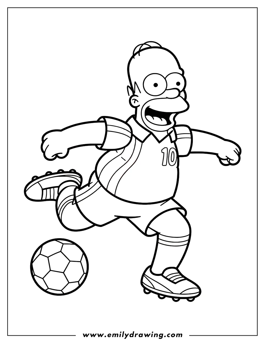 Line art of Homer Simpson from The Simpsons kicking a soccer ball while running.