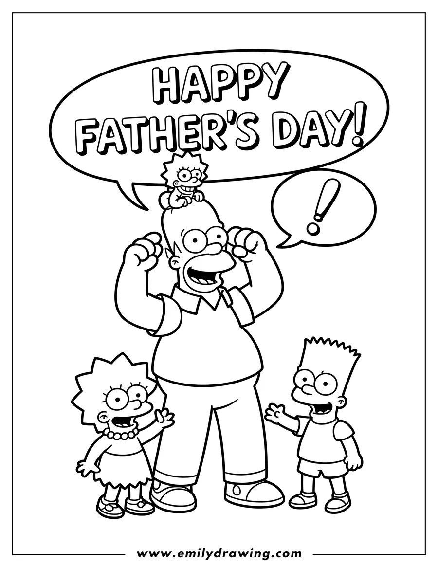 Line art of Homer Simpson standing with Maggie on his head and Bart waving beside him, with 
