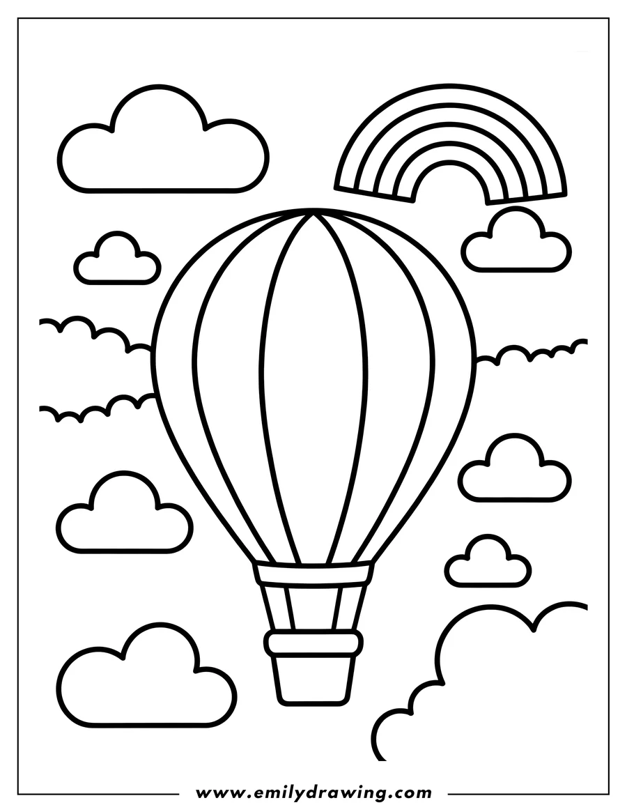 Outline of a hot air balloon floating near a rainbow with fluffy clouds surrounding it.