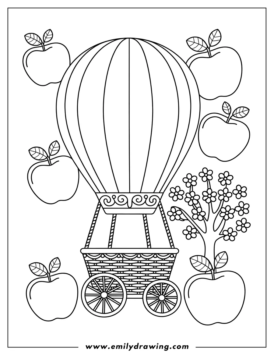 Outline of a hot air balloon with a basket on wheels, surrounded by apples and a small flowering tree.